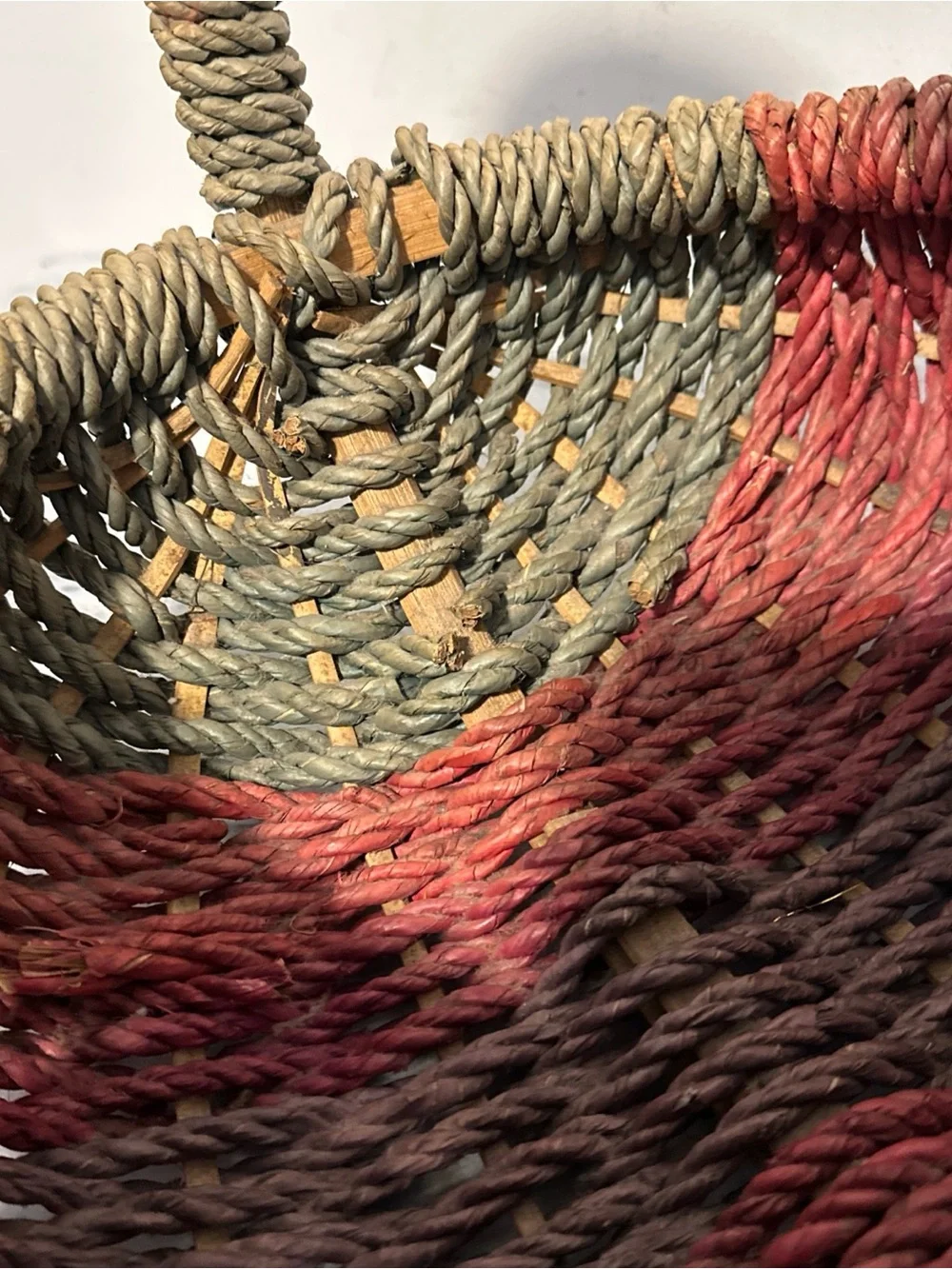 Handwoven Seagrass Basket with Handle - teal/ red Accent buttocks design 10”D